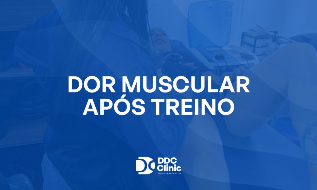 Fundo azul e com letras brancas está escrito Dor muscular após Treuno