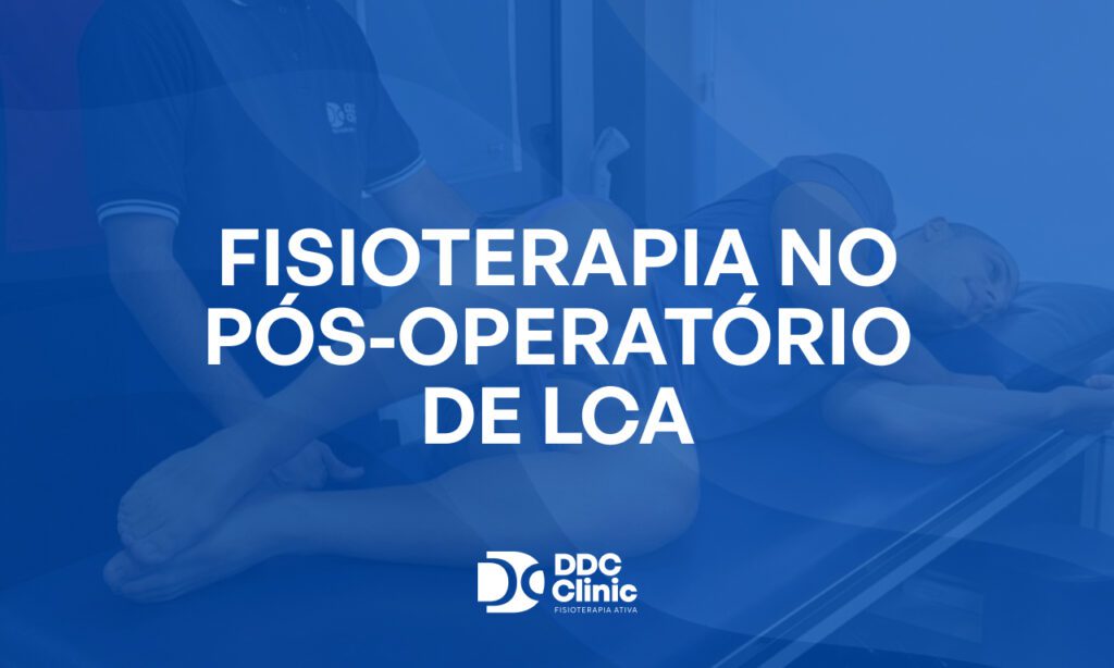Fundo azul e com letras brancas está escrito Fisioterapia no Pós-Operatório de LCA