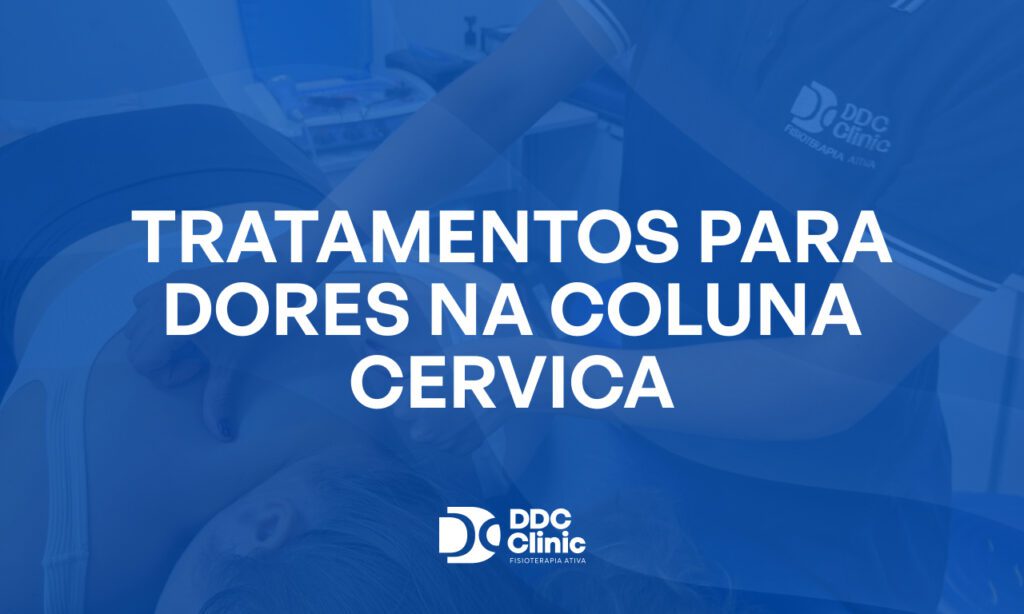 Fundo azul e com letras brancas está escrito Tratamentos para dores na coluna cervical