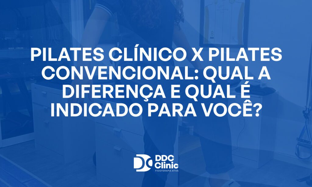 Fundo azul e com letras brancas está escrito Pilates clínico x pilates convencional_ qual a diferença e qual é indicado para você_