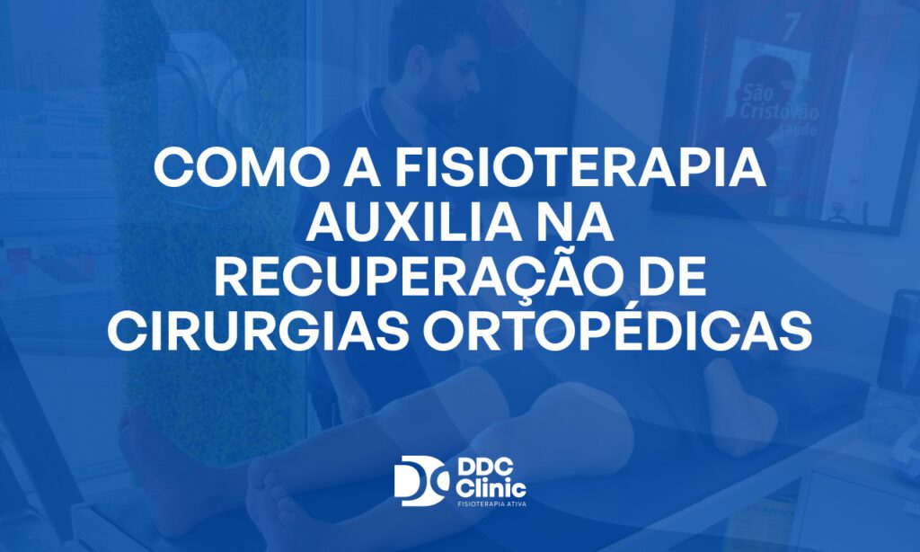 Fundo azul e com letras brancas Como a fisioterapia auxilia na recuperação de cirurgias ortopédicas: acelere sua reabilitação com segurança